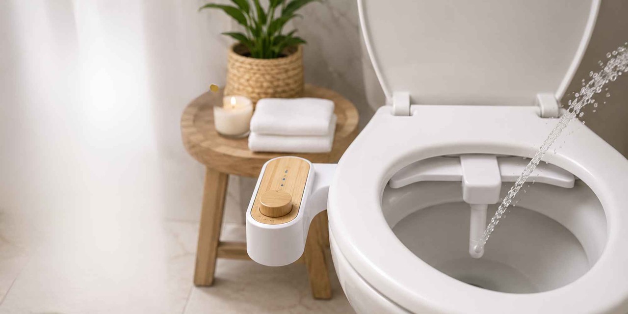 WipeLess bidet attachment installed on a toilet in a clean modern bathroom