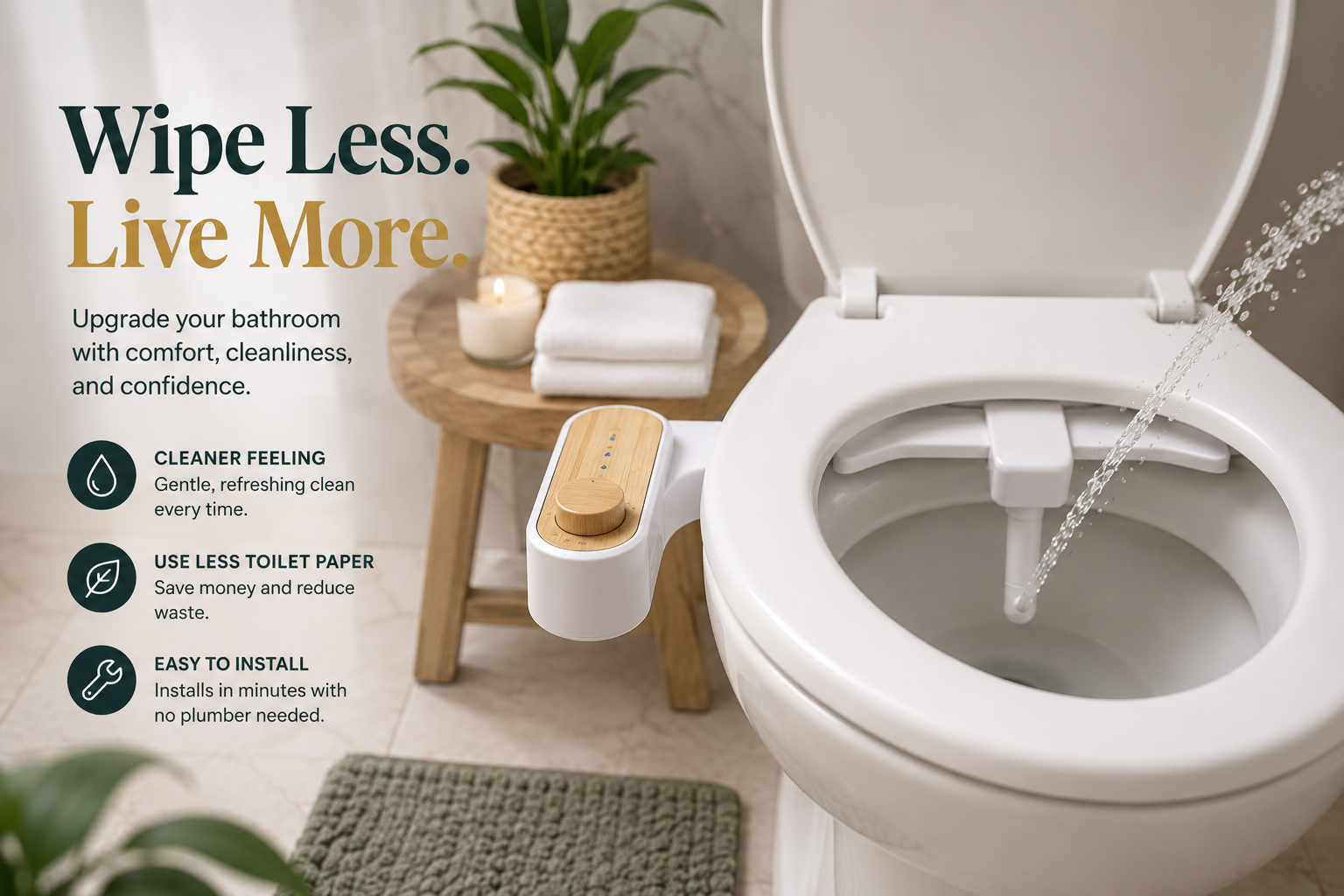 WipeLess bidet attachment installed on a toilet in a clean modern bathroom